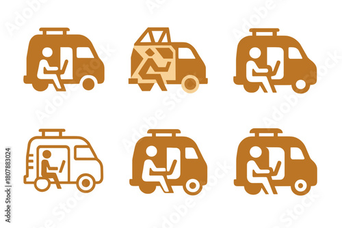 Digital Nomad Logos. Digital nomad lifestyle and travel work. Icon set. Set Logo of Digital nomad lifestyle and travel work: Vanlife camper with laptop.