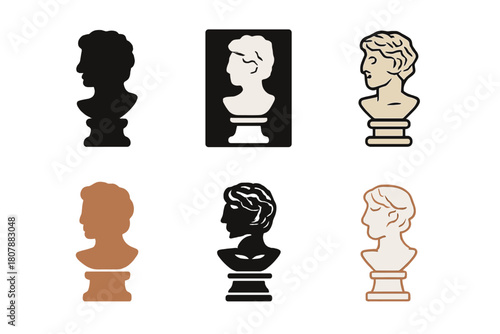 Historical Artwork Icons. Historical artwork. Icon set. Set Logo of historical artwork: classical bust on pedestal. harmonious logo variations of the same