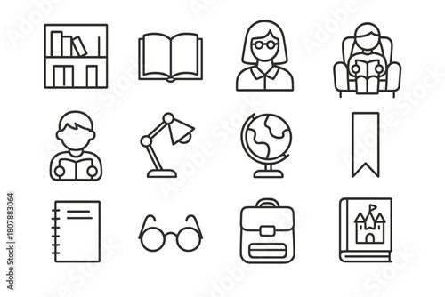 Children's Library Icons. Library for Children. Line icon set of Library for Children: bookshelf, open book, librarian, reading corner, child with book, lamp,