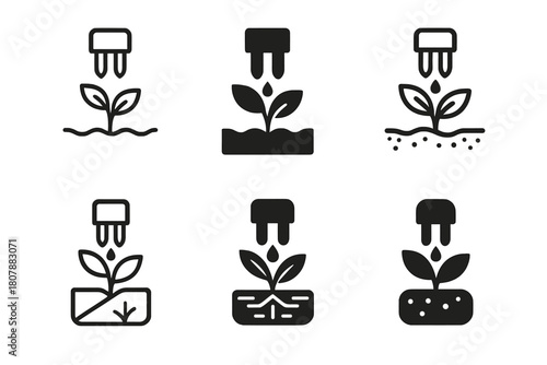 Agriculture Climate Logos. Agriculture and climate change. Icon set. Set Logo of agriculture and climate change: soil moisture sensor probe in crop bed.