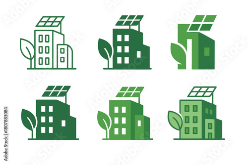 Sustainable Building Icons. Energy-efficient buildings. Icon set. Set Logo of energy-efficient buildings: modern architectural structure symbolizing