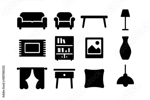 Black & White Interiors. Black & White Interiors. Solid icon set of Black & White Interiors: sofa, armchair, coffee table, floor lamp, rug, bookshelf, wall