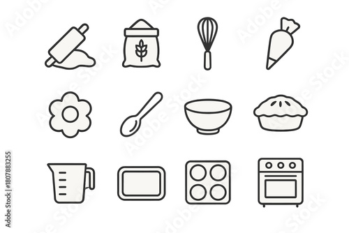 Pastry Tools Icon Set. Pastry making. Line icon set of pastry making: rolling pin, dough, flour bag, whisk, piping bag, cookie cutter, spoon, bowl, pie,