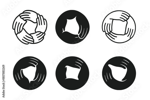 Teamwork Logo Variations. A group of entrepreneurs discussing business growth and scalability. Icon set. Set Logo of teamwork: multiple hands forming a circle.