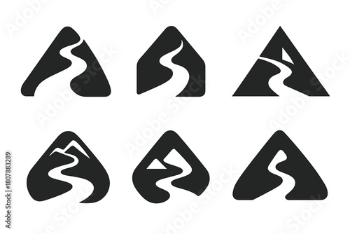 Hiking Trail Logos. Hiking and exploring nature trails. Icon set. Set Logo of hiking and exploring nature trails: winding path up a mountain. harmonious logo