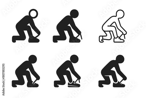 Shoelace Logo Variations. Tying shoelaces before jogging. Icon set. Set Logo of Tying shoelaces before jogging: Running sock. harmonious logo variations of the