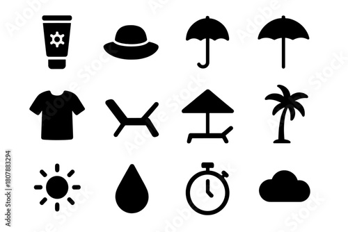 Sun Protection Icons. Sun protection. Solid icon set of Sun protection: sunscreen tube, hat, sunglasses, umbrella, shirt, beach chair, shade icon, palm tree,