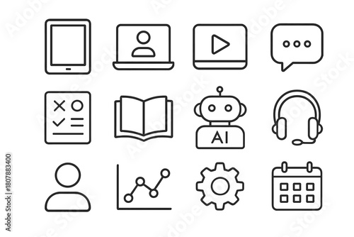 Interactive Lessons Icons. Interactive lessons. Line icon set of Interactive lessons: tablet, laptop, video player, chat bubble, quiz icon, book, AI assistant,