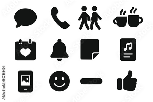 Everyday Check-ins Icons. Everyday Check-ins. Solid icon set of Everyday Check-ins: morning text, midday call, evening walk, coffee meetup, calendar heart,
