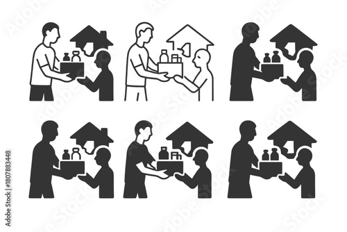 Volunteer Support Logos. Volunteers distributing food and supplies in disaster areas. Icon set. Set Logo of Volunteers distributing food and supplies in