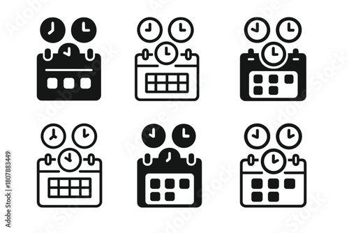 Time Zone Icons. Time zone awareness tools. Icon set. Set Logo of Time zone awareness tools: Calendar with global time. harmonious logo variations of the same