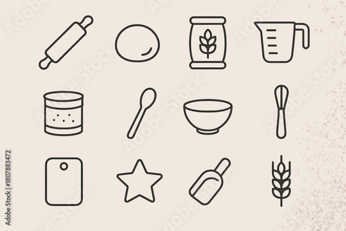 Baking Tools Icons. Flour-covered countertop. Line icon set of flour-covered countertop: rolling pin, dough ball, flour bag, measuring cup, sifter, spoon,