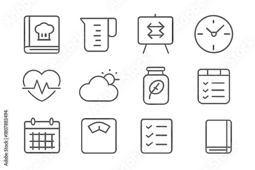 Everyday Icon Set. Everyday formulas. Line icon set of everyday formulas: recipe book, measuring cup, conversion chart, clock, heart rate symbol, weather