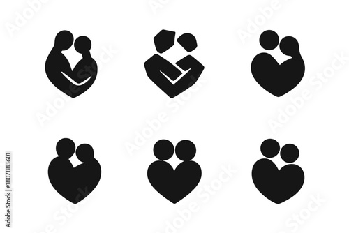 Romantic Silhouette Icons. Love. Icon set. Set Logo of Couple Silhouette: Romantic embrace. Abstract geometric, Stylized detail, Minimal outline, Filled