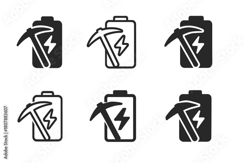 Mining Energy Icons. Efficient energy use in mining industries. Icon set. Set Logo of efficient energy use in mining industries: battery icon merging with
