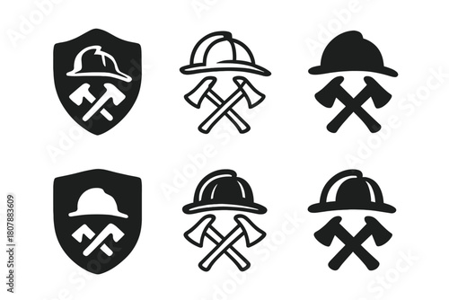 Firefighter Icon Set. Firefighter. Icon set. Set Logo of Firefighter: Axe. harmonious logo variations of the same emblematic concept (Negative space, Minimal