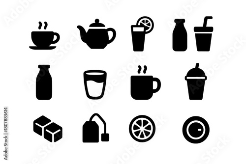 Breakfast Beverage Icons. Breakfast drinks. Solid icon set of breakfast drinks: coffee cup, teapot, orange juice, smoothie glass, milk bottle, water glass, hot