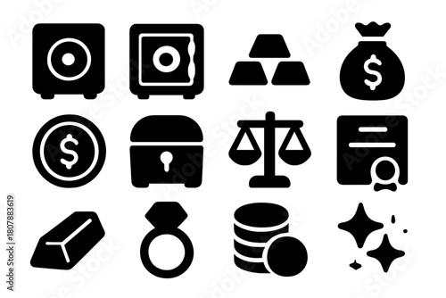 Wealth Icon Collection. Wealth management. Solid icon set of Wealth management: vault, safe, gold bar, money bag, coin, treasure chest, scale, certificate,