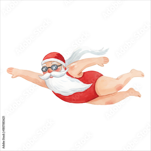 Santa Claus swimming freestyle vector isolated white background Christmas
