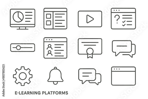 E-learning Icon Set. E-learning platforms. Line icon set of e-learning platforms: dashboard, course catalog, play button, quiz, progress bar, leaderboard,