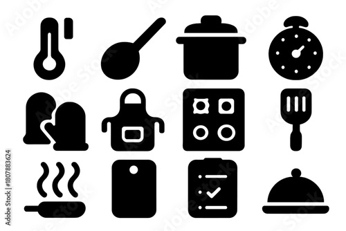 Safe Cooking Icons. Safe cooking. Solid icon set of safe cooking: thermometer, pan, pot, timer, gloves, apron, stove, spatula, steam, cutting board, checklist,
