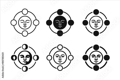 Moon Phase Icons. Moon phases. Icon set. Set Logo of moon phases: crescent-to-full sequence along a curved path. harmonious logo variations of the same