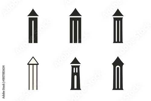 Elegant Tower Logos. Slim columns. Icon set. Set Logo of slim columns: elegant tower. harmonious logo variations of the same emblematic concept, each with