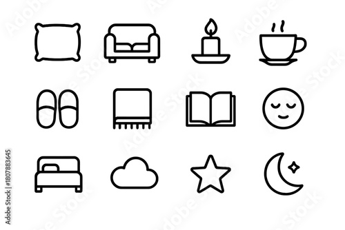 Rest Icons Collection. Rest and Relaxation. Line icon set of Rest and Relaxation: pillow, sofa, candle, tea cup, slippers, blanket, book, sleeping face, bed,
