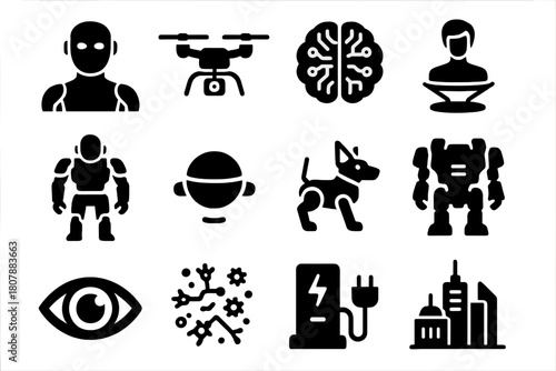 Futuristic Robot Icons. Futuristic Robots. Solid icon set of Futuristic Robots: humanoid android, flying drone, AI brain, hologram, exosuit, floating orb,