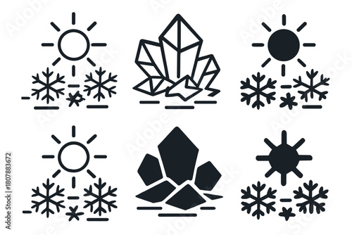 Winter Sun Logos. Ice crystals on a frozen pond. Icon set. Set Logo of Winter Sun: Low sunlight glinting on ice. Stylized detail, Abstract geometric, Minimal