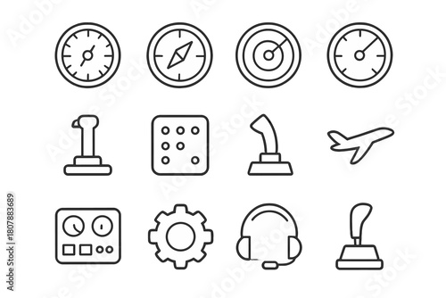 Flight Instruments Icons. Flight instruments. Line icon set of flight instruments: altimeter, compass, radar, speedometer, control stick, autopilot, joystick,