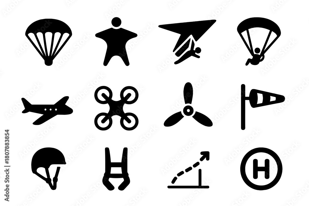 Fototapeta premium Aerial Sports Icons. Aerial Sports. Solid icon set of Aerial Sports: parachute, wingsuit, hang glider, paraglider, airplane, drone, propeller, wind arrow,