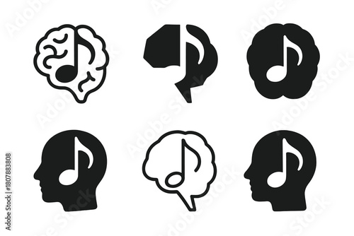 Therapeutic Music Logos. Music as a therapeutic tool. Icon set. Set Logo of Music as a therapeutic tool: hand holding musical note. harmonious logo variations