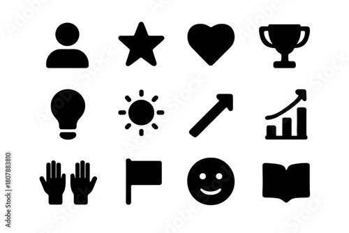 Confidence Icons Grid. Confidence building. Solid icon set of confidence building: person, star, heart, trophy, lightbulb, sun, arrow up, chart, hands up,