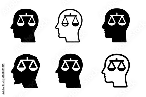 Mind Balance Logos. Duality of mind. Icon set. Set Logo of Duality of mind: Mind balance scales. harmonious logo variations of the same emblematic concept,