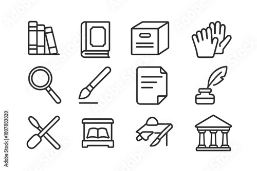 Library Preservation Icons. Library preservation. Line icon set of Library preservation: bookshelf, old book, archival box, gloves, magnifying glass,