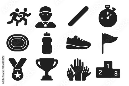 Sports Icon Set. Sports Team. Solid icon set of Sports Team: runners, coach, baton, stopwatch, track, water bottle, sneakers, flag, medal, trophy, cheering