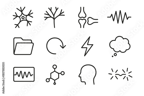 Neuroscience Icon Set. Neuroscience and memory. Line icon set of neuroscience and memory: neuron, dendrite, synapse, brainwave, memory folder, recall arrow,