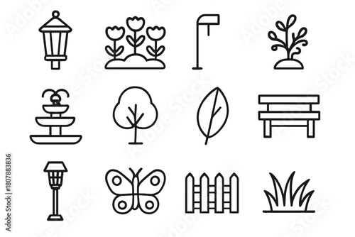 Garden Illumination Icons. Garden illumination. Line icon set of garden illumination: lantern, flower bed, path light, shrub uplight, water fountain, tree,