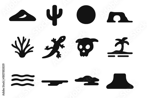 Desert Landscape Icons. Desert Landscape Painting. Solid icon set of Desert Landscape Painting: sand dune, cactus, sun disk, rock arch, dry bush, lizard,