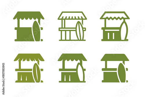 Tiki Bar Icons. Tropical tiki bar setup and decoration. Icon set. Set Logo of Tropical tiki bar setup and decoration: surfboard leaning on bar. harmonious logo