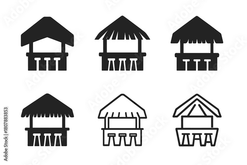 Tiki Bar Logos. Tropical tiki bar setup and decoration. Icon set. Set Logo of Tropical tiki bar setup and decoration: bamboo tiki mug. harmonious