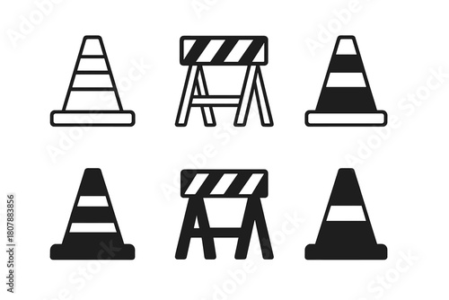 Traffic Restriction Icons. Restrictions. Icon set. Set Logo of Traffic Restrictions: Cone and roadblock. Stylized detail, Abstract geometric, Minimal outline,