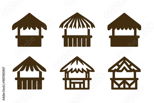 Tiki Bar Logos. Tropical tiki bar setup and decoration. Icon set. Set Logo of Tropical tiki bar setup and decoration: bamboo tiki mug. harmonious