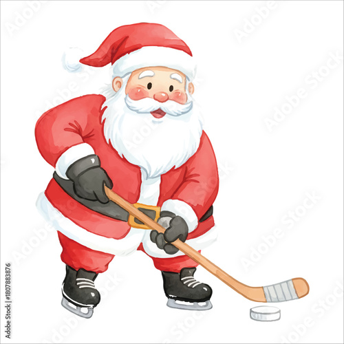 Santa Claus with hockey stick vector isolated white background Christmas
