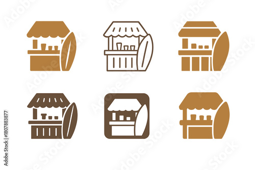 Tiki Bar Icons. Tropical tiki bar setup and decoration. Icon set. Set Logo of Tropical tiki bar setup and decoration: surfboard leaning on bar. harmonious logo