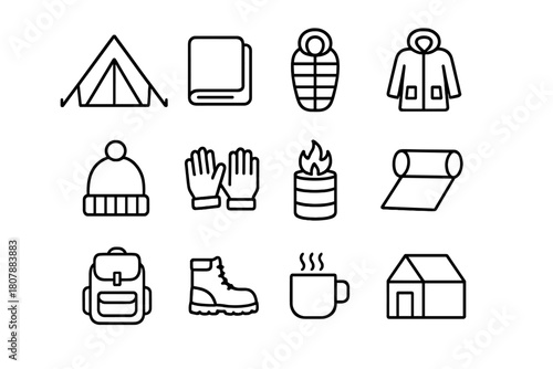 Winter Shelter Icons. Winter shelter. Line icon set of winter shelter: tent, blanket, sleeping bag, coat, hat, gloves, fire barrel, mat, backpack, shoes, cup,