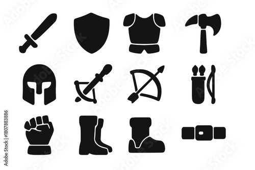 Black Battle Gear Icons. Battle gear. Solid icon set of battle gear: sword, shield, armor, axe, helmet, crossbow, bow, quiver, arrow, gauntlet, boots, belt.