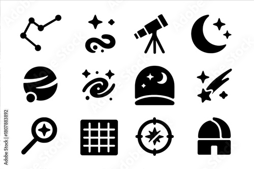 Celestial Icons Grid. Observation Map. Solid icon set of Observation Map: telescope, constellation lines, stars, planet, moon, galaxy, night sky, shooting