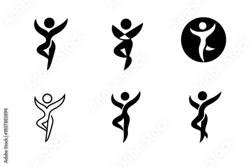 Dynamic Model Logos. model in motion. Icon set. Set Logo of model in motion: flowing dress in motion. harmonious logo variations of the same emblematic